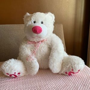 Valentine’s Day white stuffed bear with pink accents